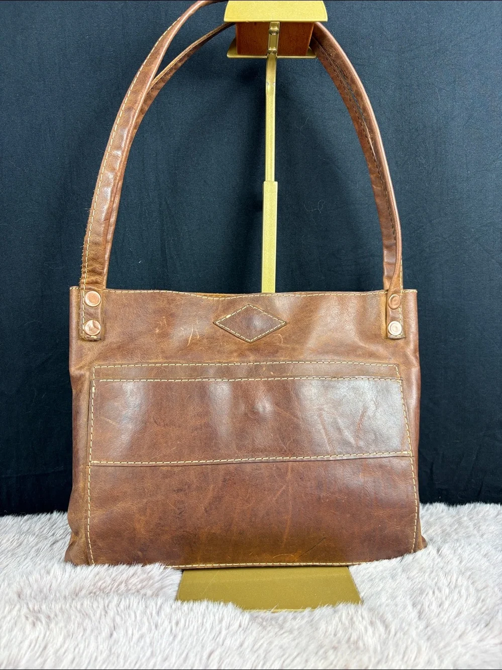Leather Shoulder Tote Bag Brown Vintage Distressed Minimalist Hobo